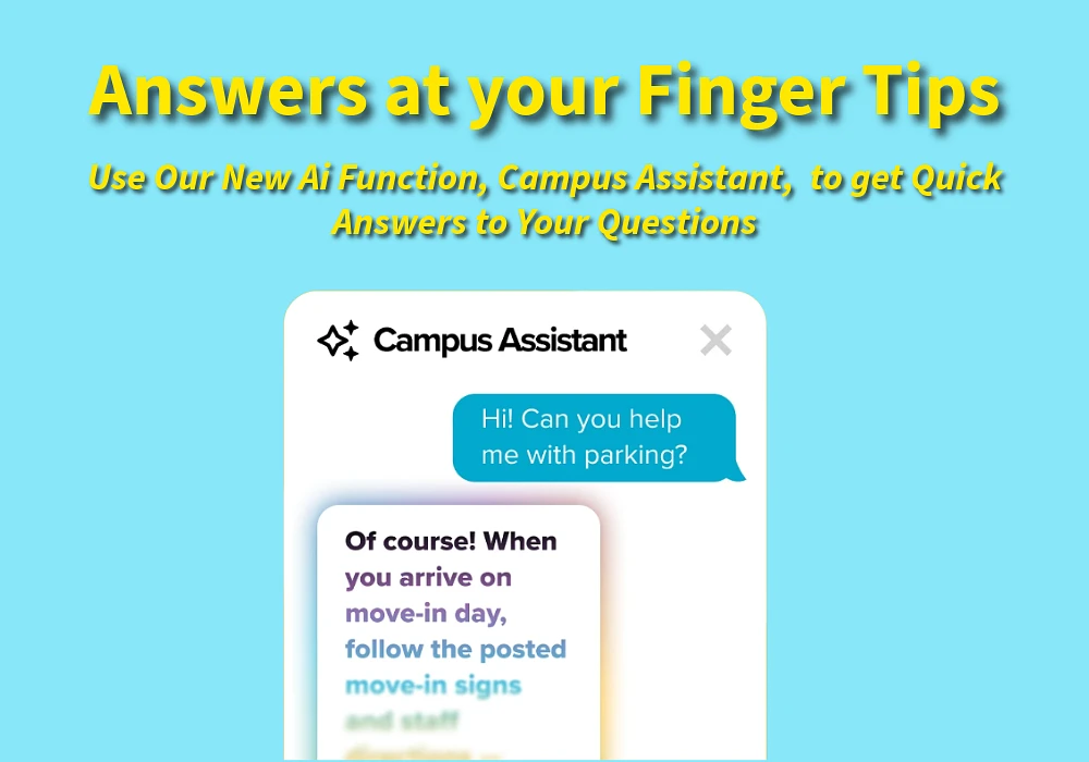 The image advertises a new AI feature called "Campus Assistant" which provides quick answers to questions, demonstrated by a chat about parking assistance.