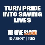 Bold, motivational text on a blue background, encouraging blood donation.
